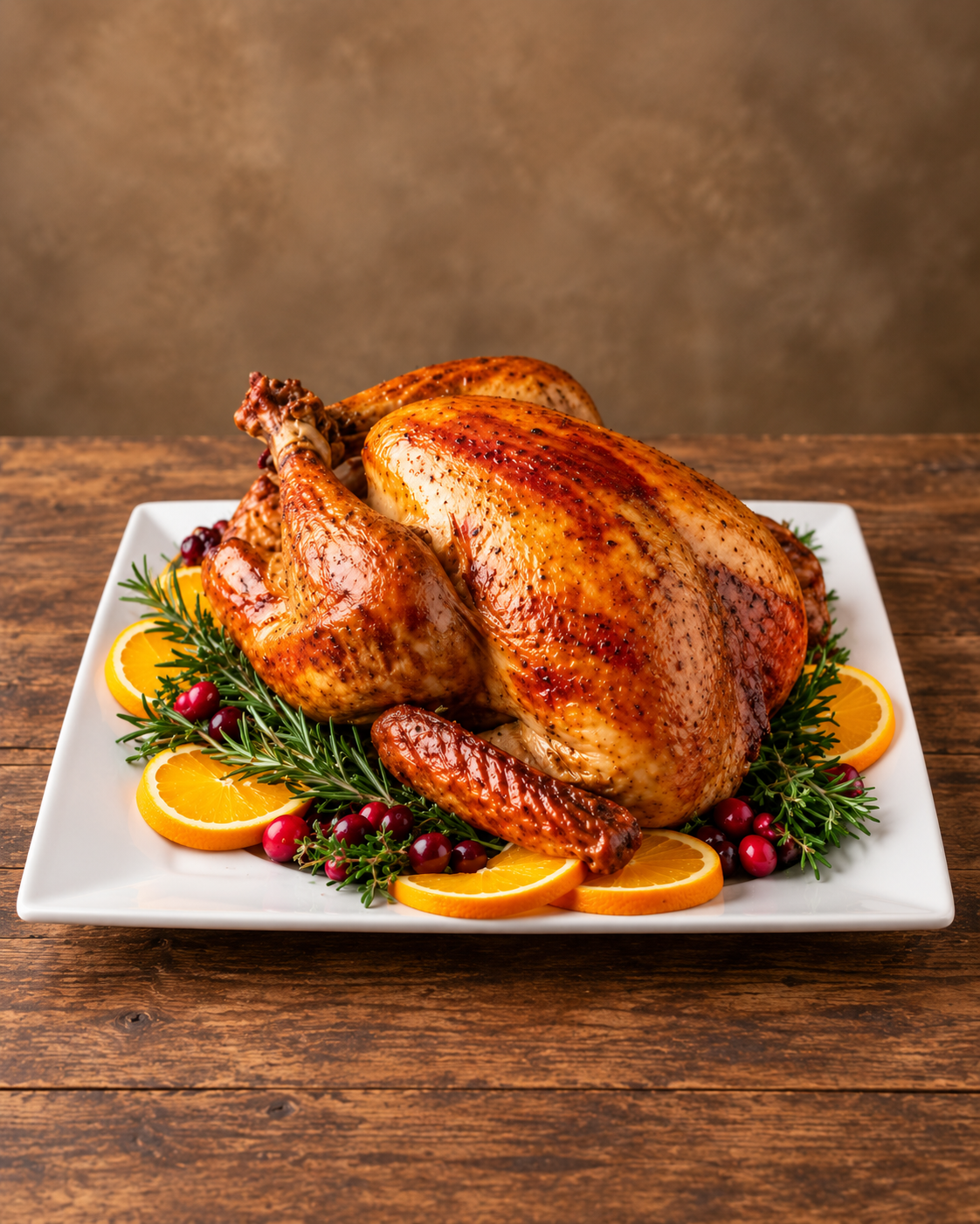Roasted turkey on a square white ceramic plate with orange slices, cranberries and herbs